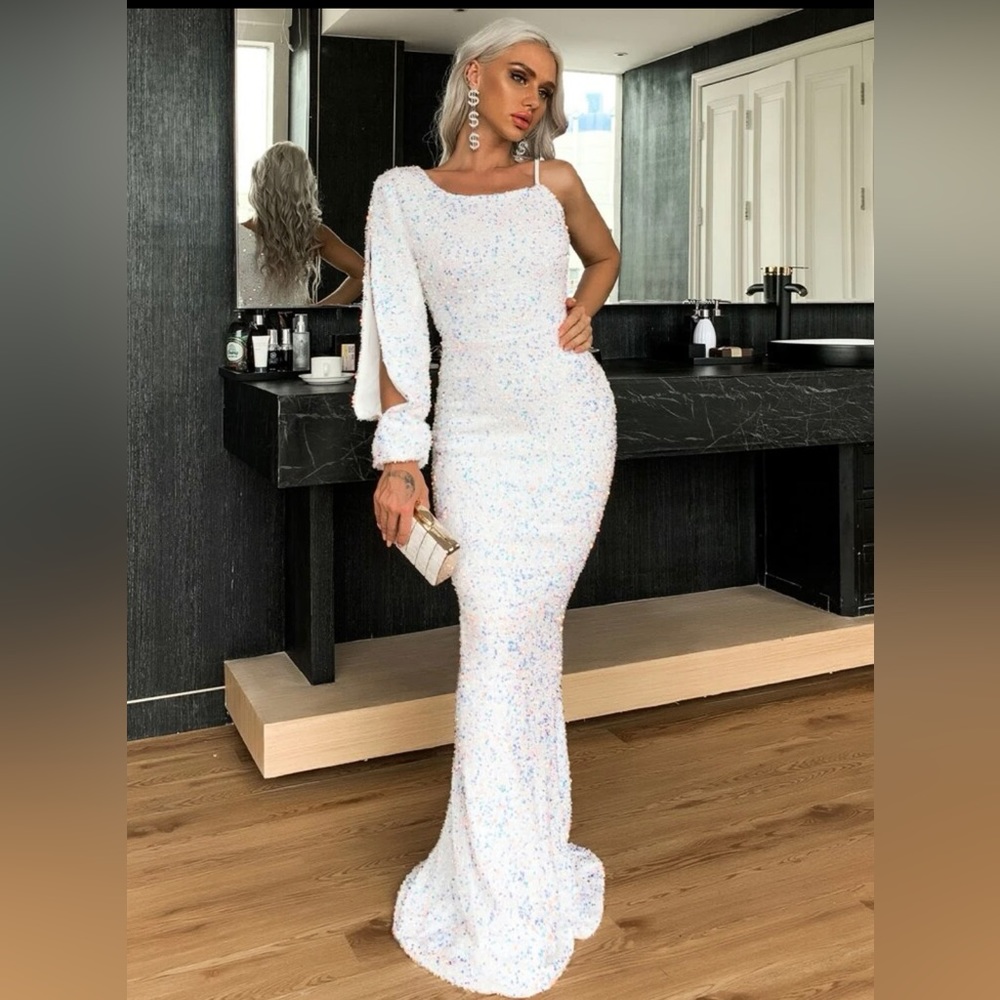 Shein Missord Asymmetrical Neck Mermaid Hem Sequin Prom Dress